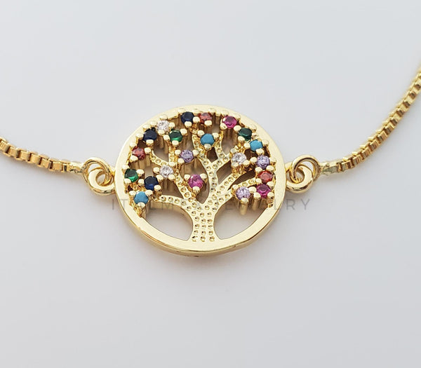 Pulsera Ajustable - 100347 - Diseño de Árbol de la Vida CZ Colores Oro Laminado 18K