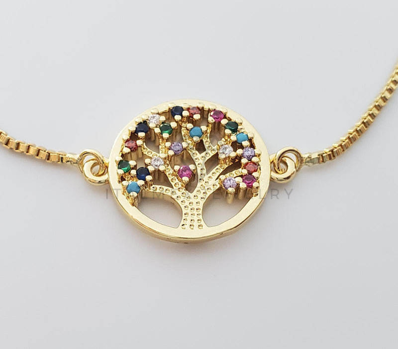 Pulsera Ajustable - 100347 - Diseño de Árbol de la Vida CZ Colores Oro Laminado 18K