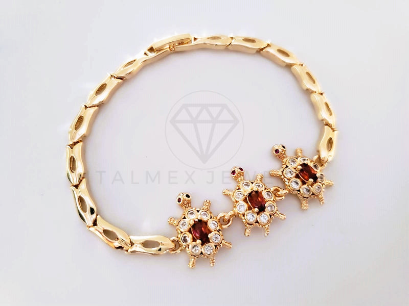 Pulsera Elegante - 103976 - Pulsera 3 Tortugas CZ Roja y Clara Oro Laminado 18K