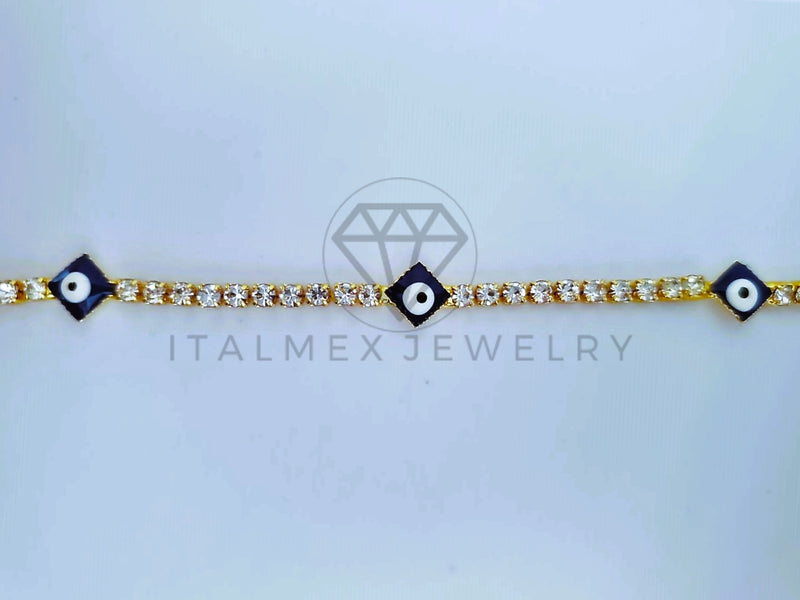 Pulsera Elegante - 103574 - Pulsera Tira CZ Clara y Ojo Turco Azul Oro Laminado 18K