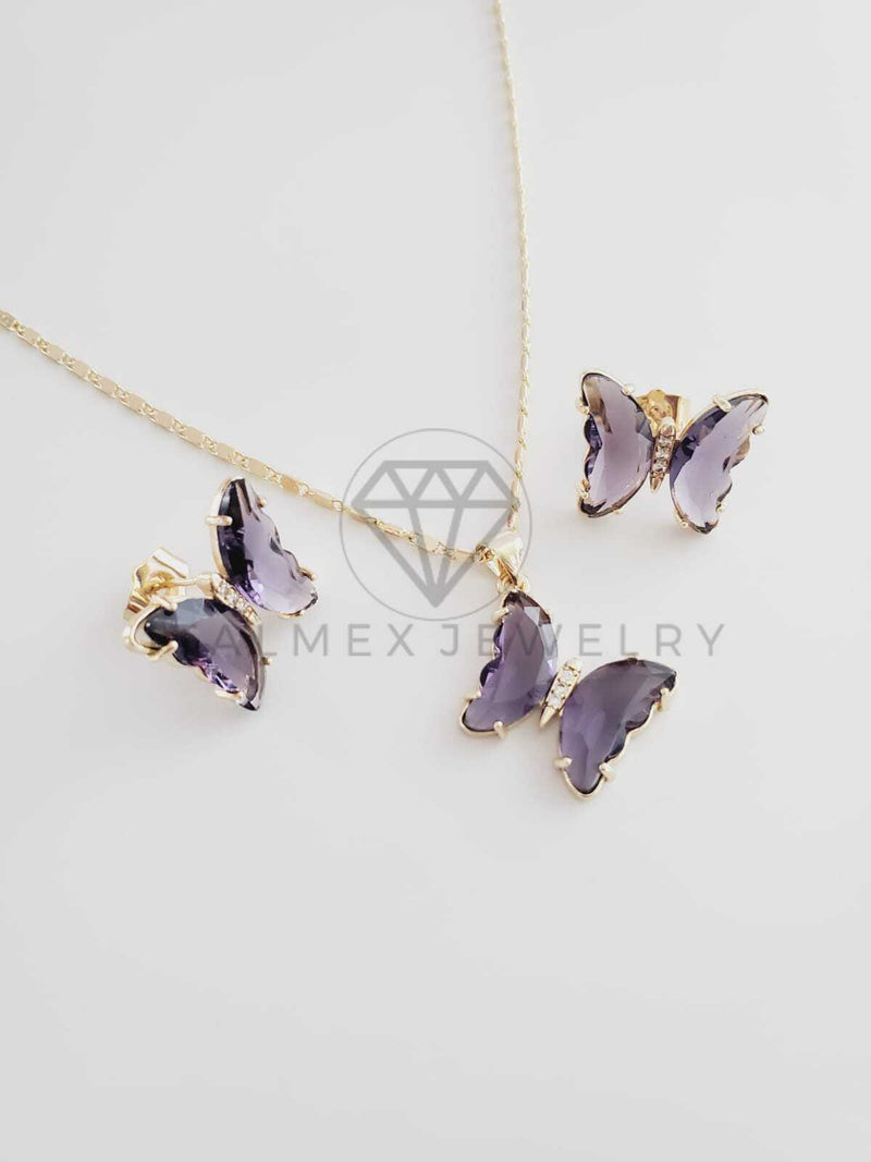 Juego de Lujo - 102409 - Diseño de Mariposas CZ Morado Oro Laminado 18K