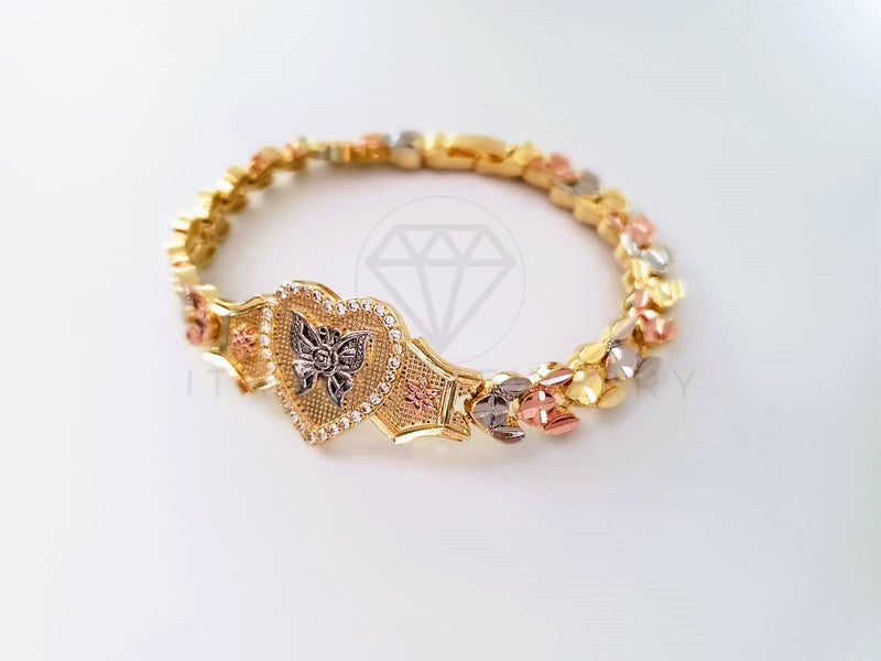 Pulsera Elegante - 103985 - Esclava 3 Oros Corazón Mariposa CZ Clara Oro Laminado 18K