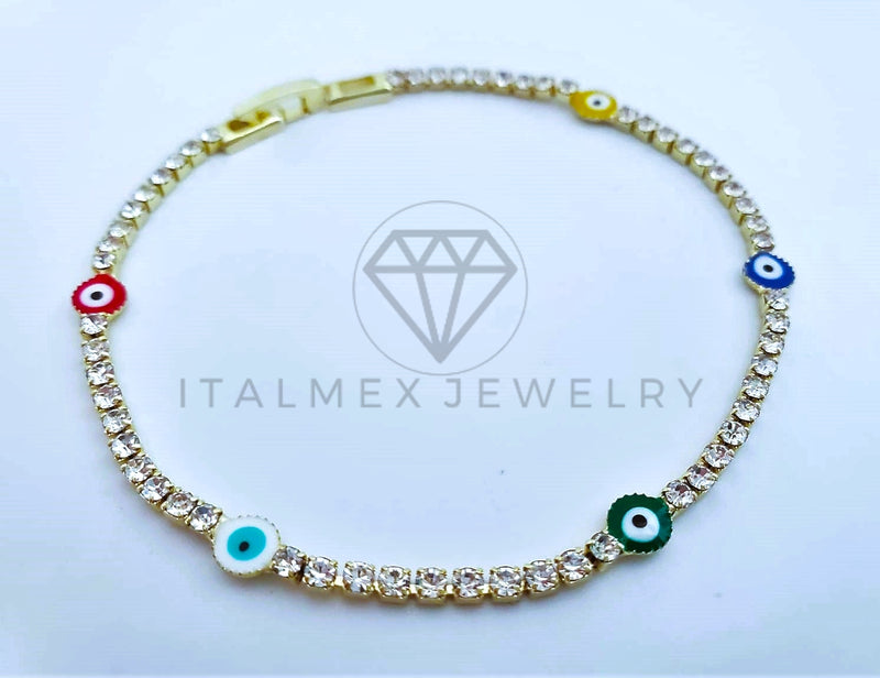 Pulsera Elegante - 103572 - Pulsera Tira CZ Clara y Ojo Turco Color Oro Laminado 18K