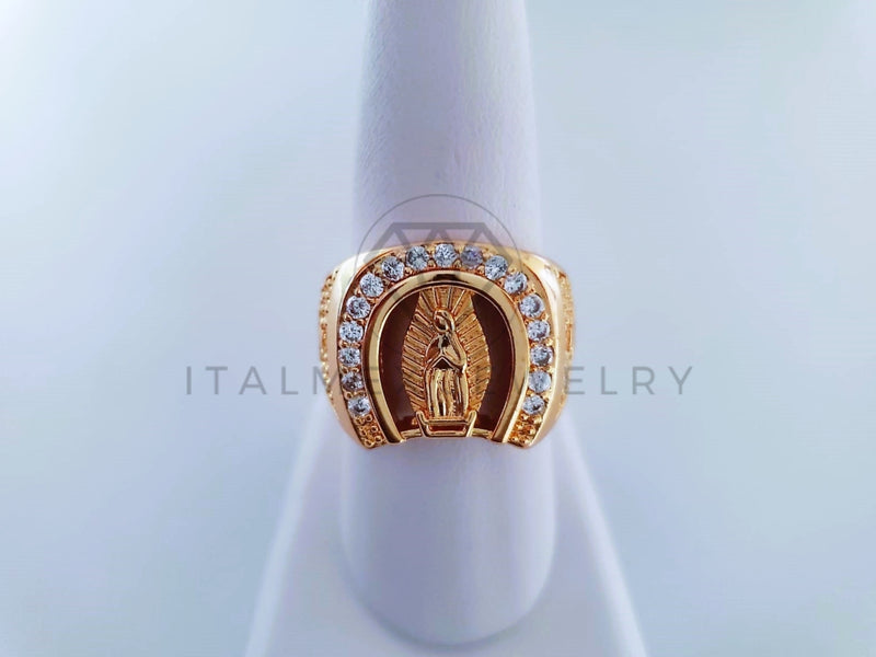 Anillo Caballero de Lujo - 103930 - Diseño Herradura y Virgen CZ Clara Oro Laminado 18K