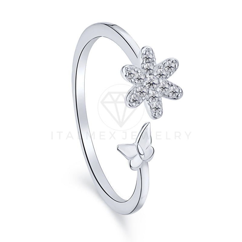 Anillo de Dama - 104129 - Anillo Ajustable Flor y Mariposa Plata Fina .925