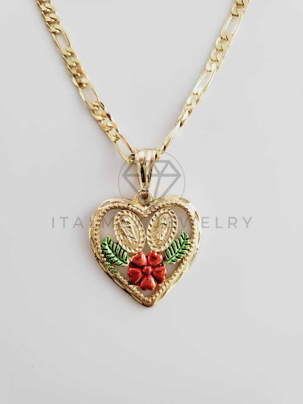 Dije Elegante - 102367 - Corazón Virgen y San Judas con Flor Tamaño Mediana Oro Laminado 18K