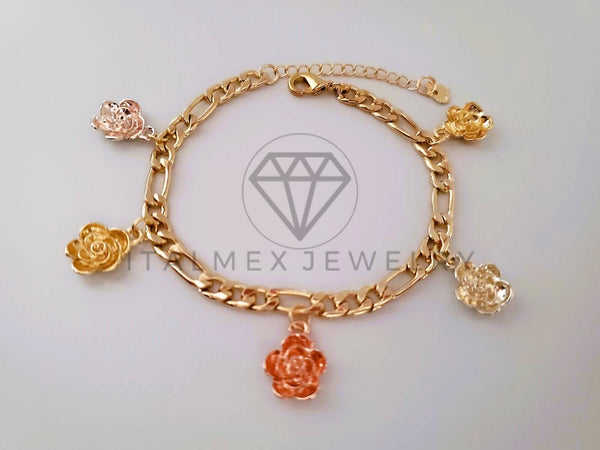 Pulsera Elegante - 104477 - Diseño con Flores 3 Tonos Oro Laminado 18K