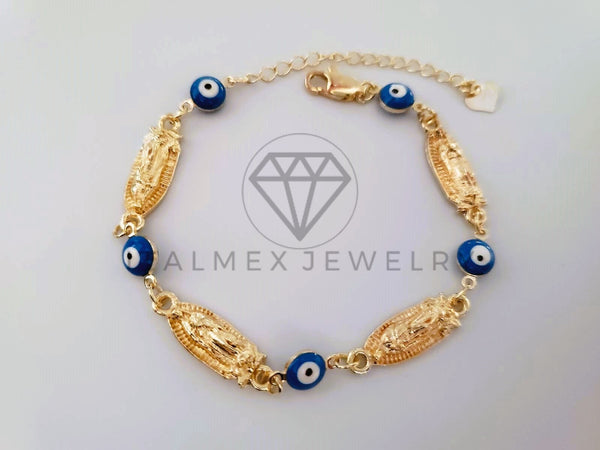 Pulsera Elegante - 104482 - Diseño Virgen Guadalupe y Ojo Turco Azul Oro Laminado 18K