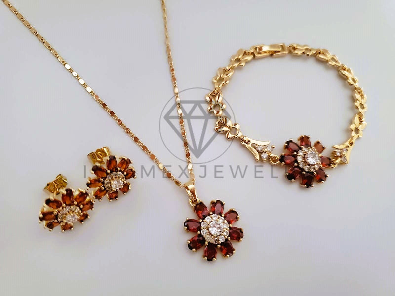 Juego de Lujo - 104570 - Diseño de Flores CZ Tinta Collar, Arete y Pulsera Oro Laminado 18K