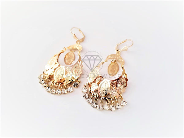 Arete de Lujo - 103093 - Arete Largo Filigrana con Virgen CZ Clara Oro Laminado 18K