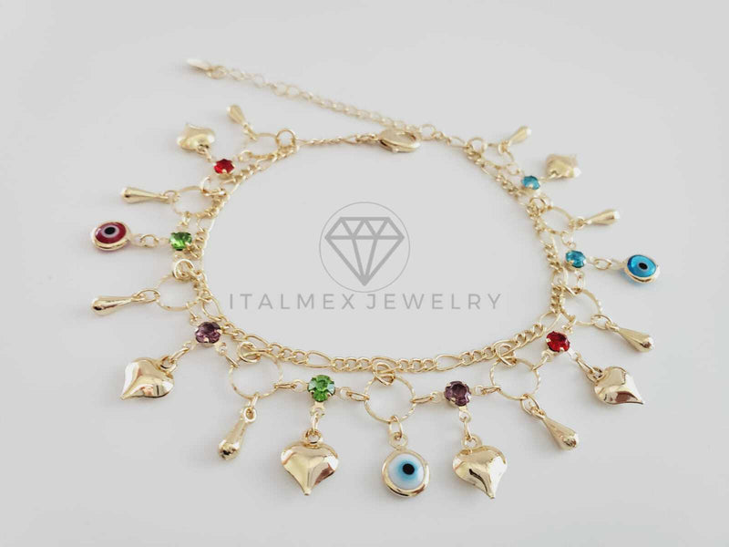 Tobillera Ajustable - 102720 - Diseño de Corazón y Ojo Turco CZ Color Oro Laminado 18K