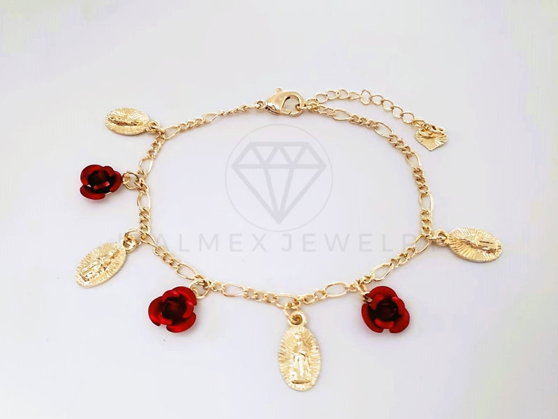 Pulsera Elegante - 103996 - Pulsera Medallas Virgen de Guadalupe y Rosas Rojas Oro Laminado 18K