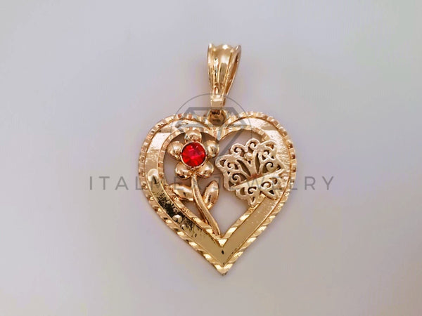 Dije de Lujo - 104402 - Dije Corazón con Flor CZ Roja Oro Laminado 18K