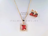 Juego de Lujo - 103780 - Diseño Corte Cuadrado CZ Roja y Clara Oro Laminado 18K