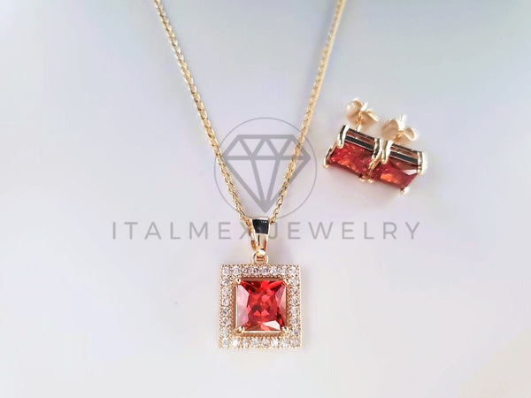 Juego de Lujo - 103780 - Diseño Corte Cuadrado CZ Roja y Clara Oro Laminado 18K