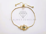Pulsera de Lujo - 103725 - Diseño Ajustable Mano Hamsa CZ Azul Oro Laminado 18K