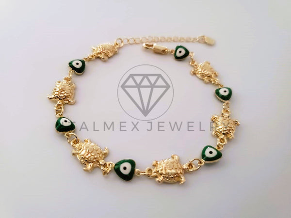 Pulsera Elegante - 104489 - Pulsera Tortugas y Corazon Ojo Turco Verde Oro Laminado 18K