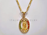Dije Elegante - 104162 - Medalla Virgen Guadalupe Circonia Tricolor Oro Laminado 18K