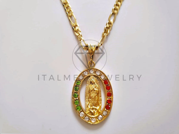 Dije Elegante - 104162 - Medalla Virgen Guadalupe Circonia Tricolor Oro Laminado 18K