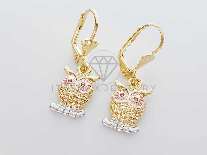 Arete Elegante - 100749 - Diseño de Búho 3 Tonos Oro Laminado 18K