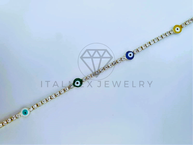 Pulsera Elegante - 103572 - Pulsera Tira CZ Clara y Ojo Turco Color Oro Laminado 18K