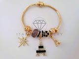 Pulsera Elegante - 104300 - Pulsera Estilo PDR Torre Eiffel CZ Negra Oro Laminado 18K