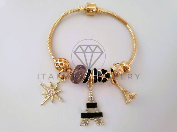 Pulsera Elegante - 104300 - Pulsera Estilo PDR Torre Eiffel CZ Negra Oro Laminado 18K
