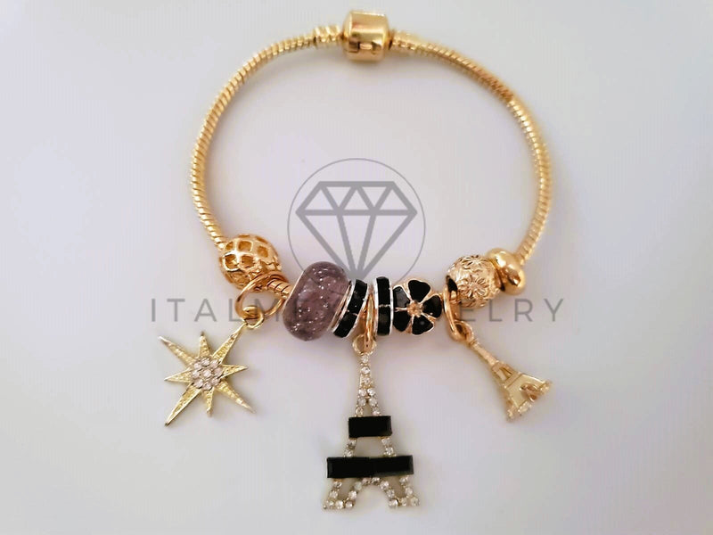 Pulsera Elegante - 104300 - Pulsera Estilo PDR Torre Eiffel CZ Negra Oro Laminado 18K