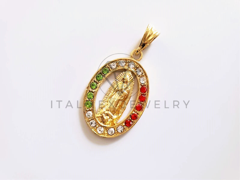 Dije Elegante - 104162 - Medalla Virgen Guadalupe Circonia Tricolor Oro Laminado 18K