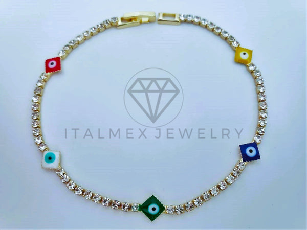 Pulsera Elegante - 103576 - Pulsera Tira CZ Clara y Ojo Turco Colores Oro Laminado 18K