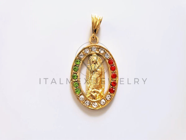 Dije Elegante - 104162 - Medalla Virgen Guadalupe Circonia Tricolor Oro Laminado 18K