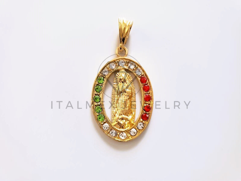 Dije Elegante - 104162 - Medalla Virgen Guadalupe Circonia Tricolor Oro Laminado 18K