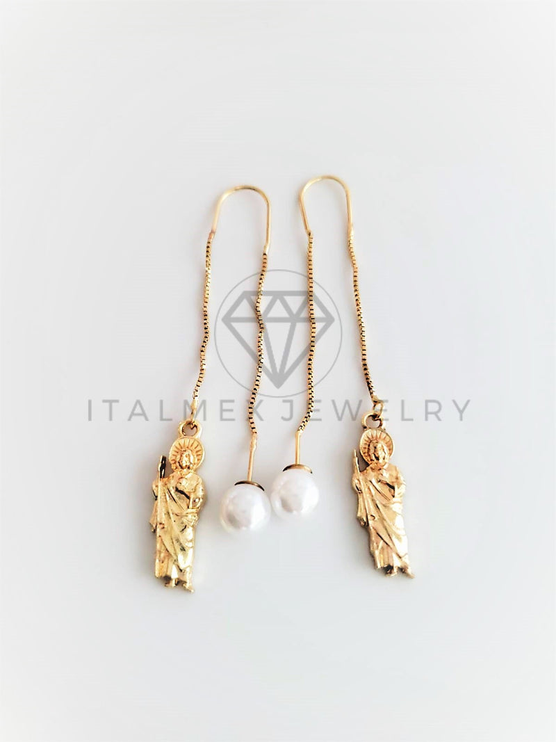 Arete de Lujo - 102822 - Violador con Perla y Dije San Judas Oro Laminado 18K