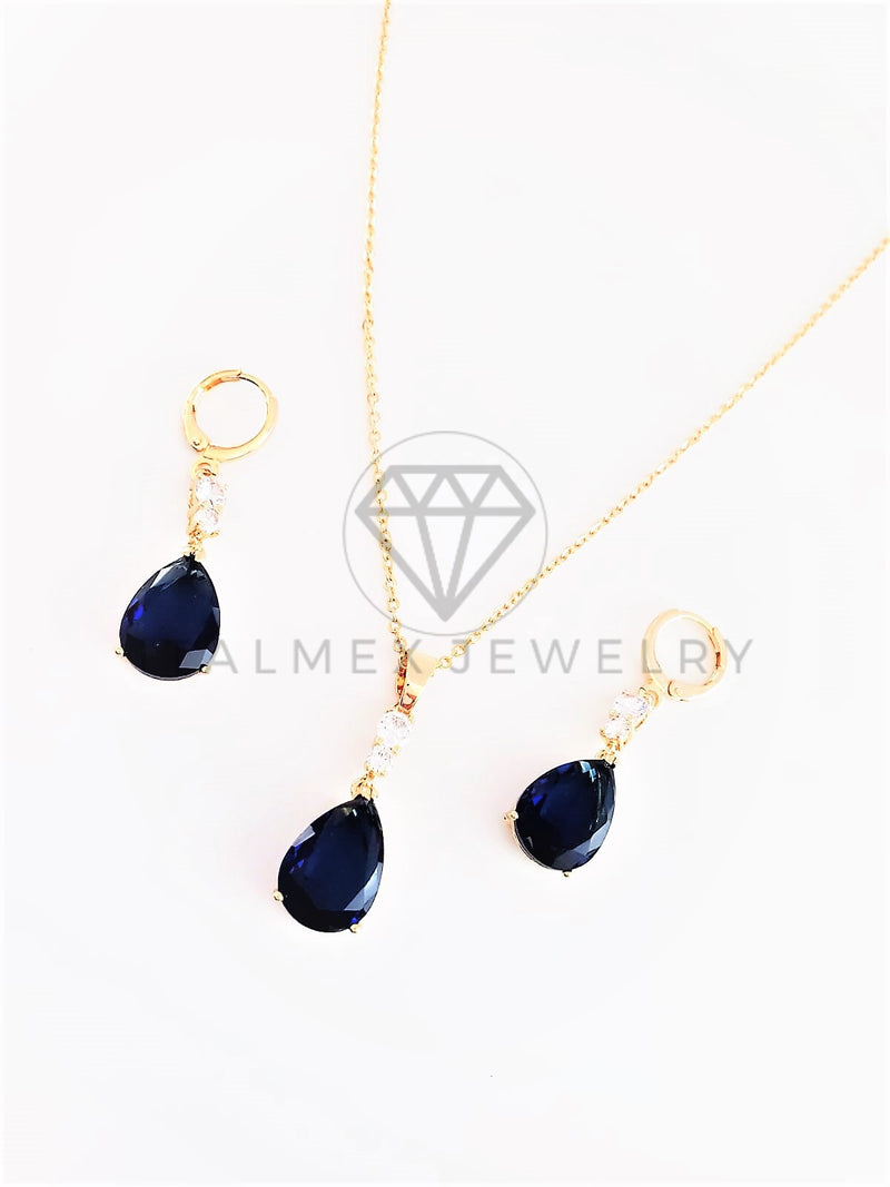 Juego de Lujo - 102921 - Diseño de Gota CZ Azul Oro Laminado 18K