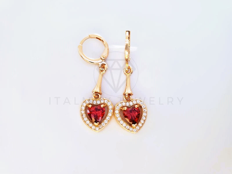 Arete de Lujo - 104033 - Estilo Corazón CZ Roja Oro Laminado 18K
