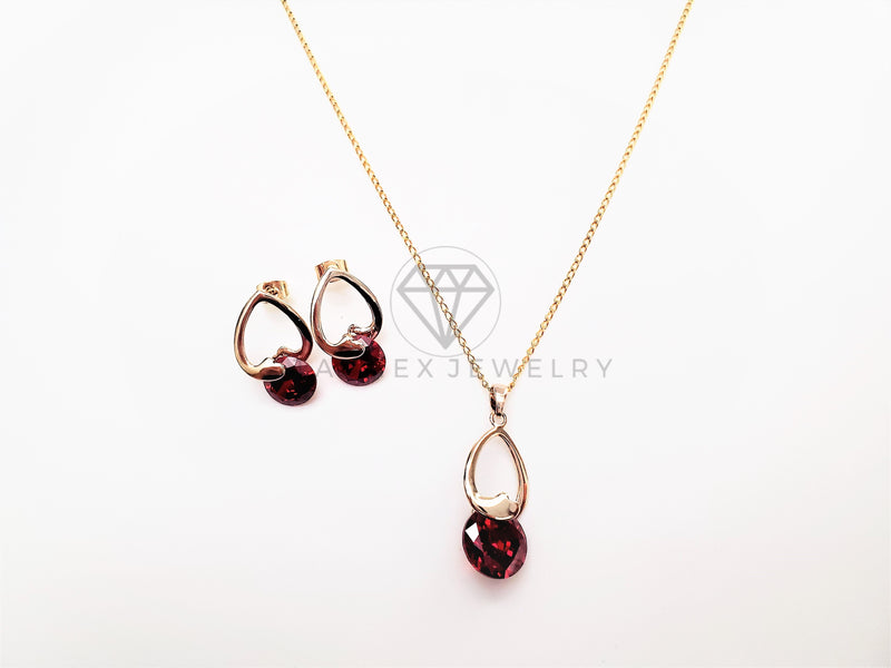 Juego de Lujo - 103411 - Diseño Gota de Amor CZ Roja Oro Laminado 18K