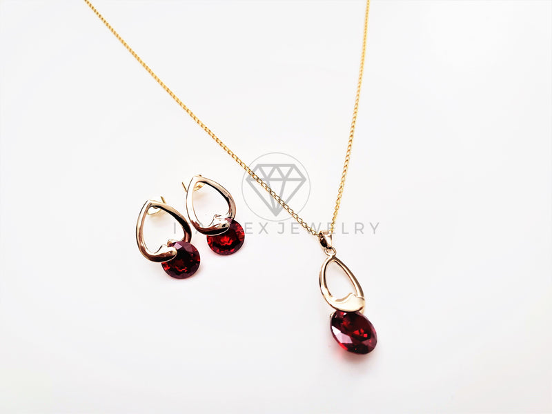 Juego de Lujo - 103411 - Diseño Gota de Amor CZ Roja Oro Laminado 18K