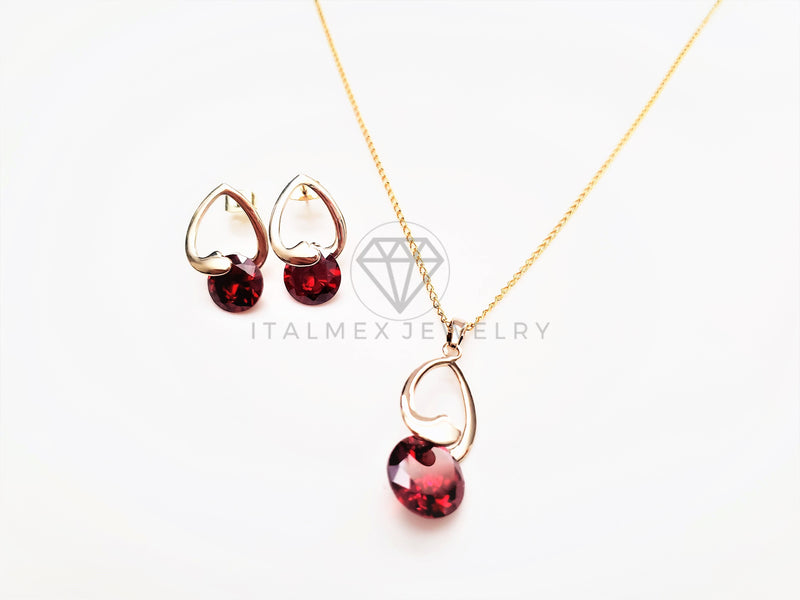 Juego de Lujo - 103411 - Diseño Gota de Amor CZ Roja Oro Laminado 18K