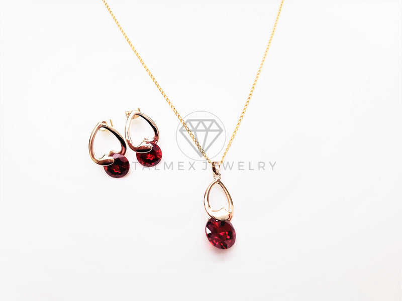 Juego de Lujo - 103411 - Diseño Gota de Amor CZ Roja Oro Laminado 18K