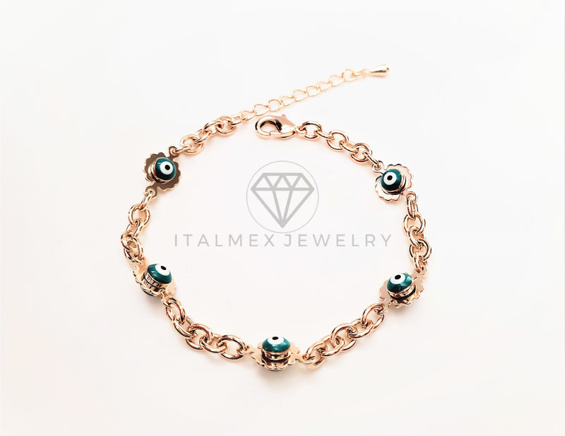 Pulsera de Lujo - 103438 - Diseño Flor y Ojo Turco Azul Oro Laminado 18K