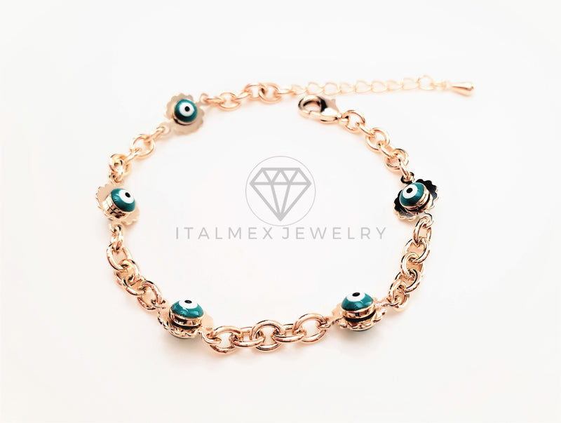 Pulsera de Lujo - 103438 - Diseño Flor y Ojo Turco Azul Oro Laminado 18K