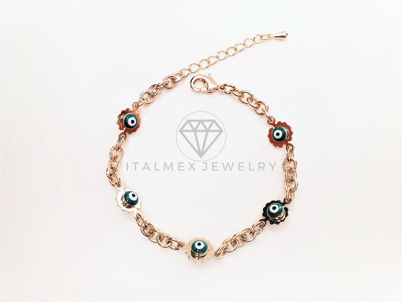 Pulsera de Lujo - 103438 - Diseño Flor y Ojo Turco Azul Oro Laminado 18K