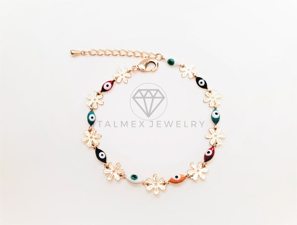 Pulsera de Lujo - 103439 - Diseño Flor y Ojo Turco Colores Oro Laminado 18K