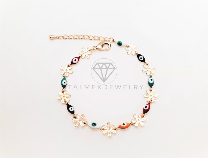 Pulsera de Lujo - 103439 - Diseño Flor y Ojo Turco Colores Oro Laminado 18K