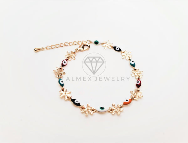 Pulsera de Lujo - 103439 - Diseño Flor y Ojo Turco Colores Oro Laminado 18K