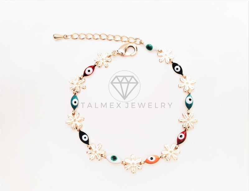 Pulsera de Lujo - 103439 - Diseño Flor y Ojo Turco Colores Oro Laminado 18K