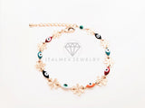 Pulsera de Lujo - 103439 - Diseño Flor y Ojo Turco Colores Oro Laminado 18K