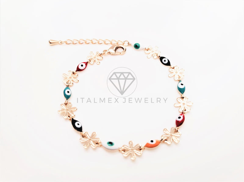 Pulsera de Lujo - 103439 - Diseño Flor y Ojo Turco Colores Oro Laminado 18K
