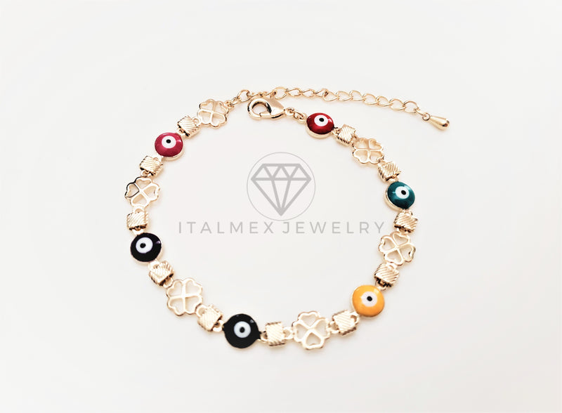 Pulsera de Lujo - 103444 - Diseño Trebol con Ojo Turco Colores Oro Laminado 18K