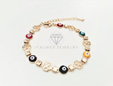 Pulsera de Lujo - 103444 - Diseño Trebol con Ojo Turco Colores Oro Laminado 18K